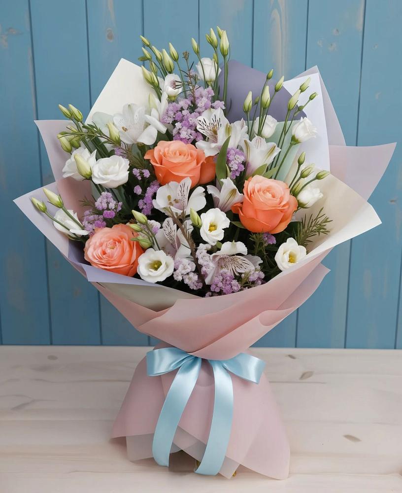 Букет цветов из: Лизиантусы, Розы, Альстромерии и Гипсофила в Дыгулыбгее