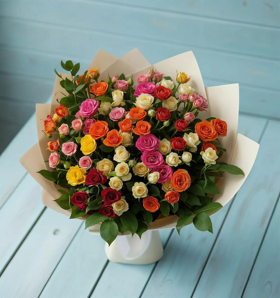 Букет Микс из разноцветных кустовых роз в Дыгулыбгее