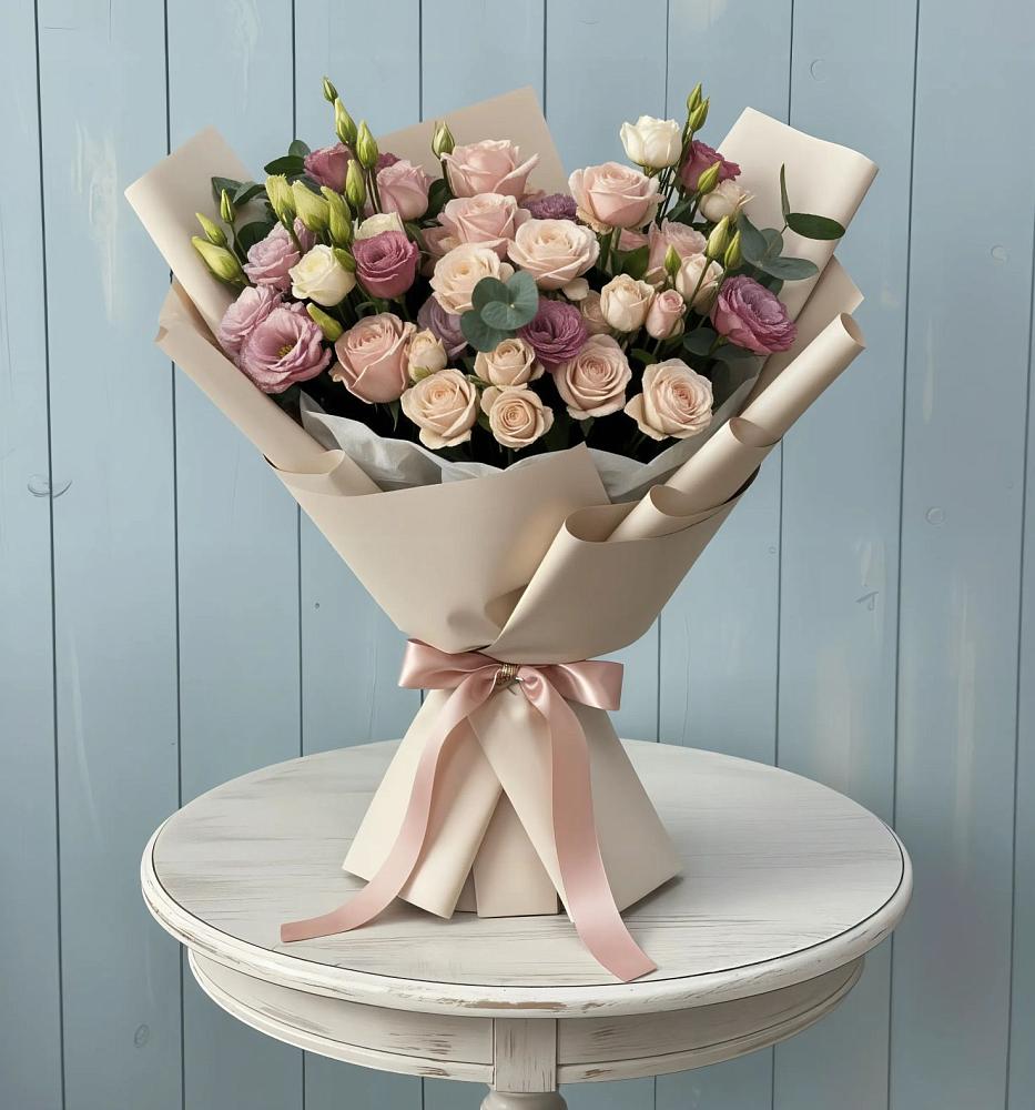 Букет цветов из: Розы и Лизиантусы в Дыгулыбгее